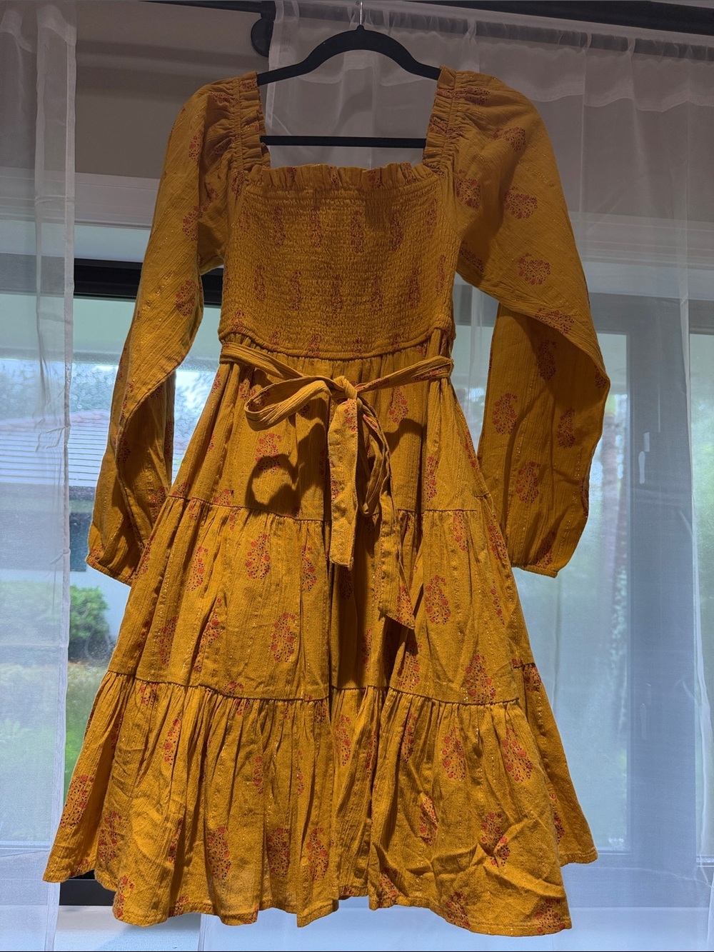 Smocked Square-Neck Mustard Long-Sleeve Tiered Dress with Waist Tie